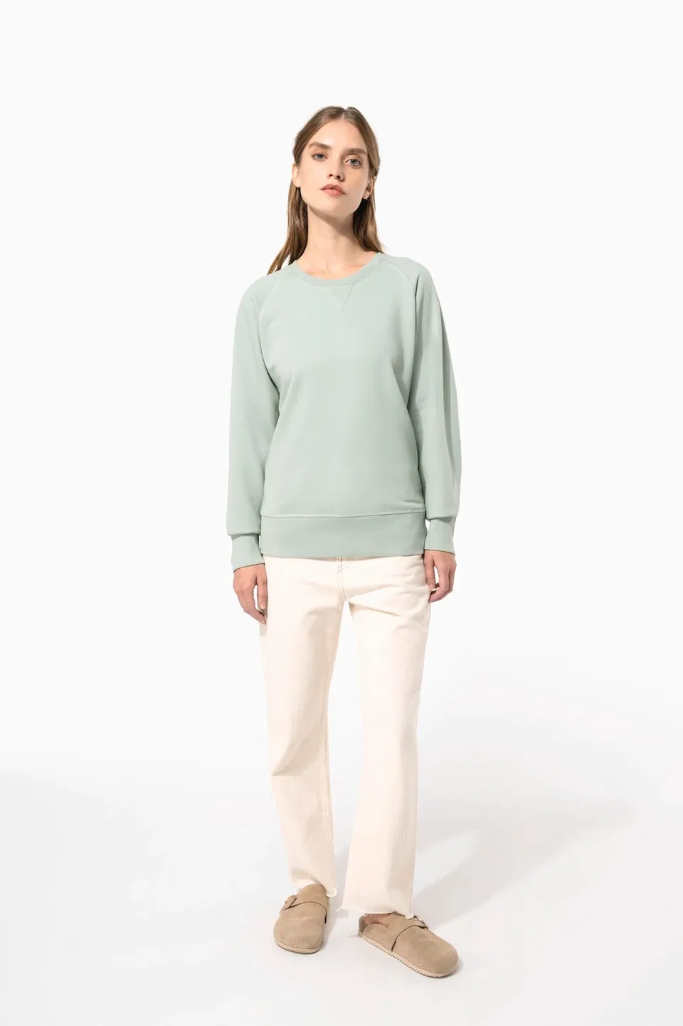 Sudadera algodón orgánico con cuello redondo y mangas raglan de mujer