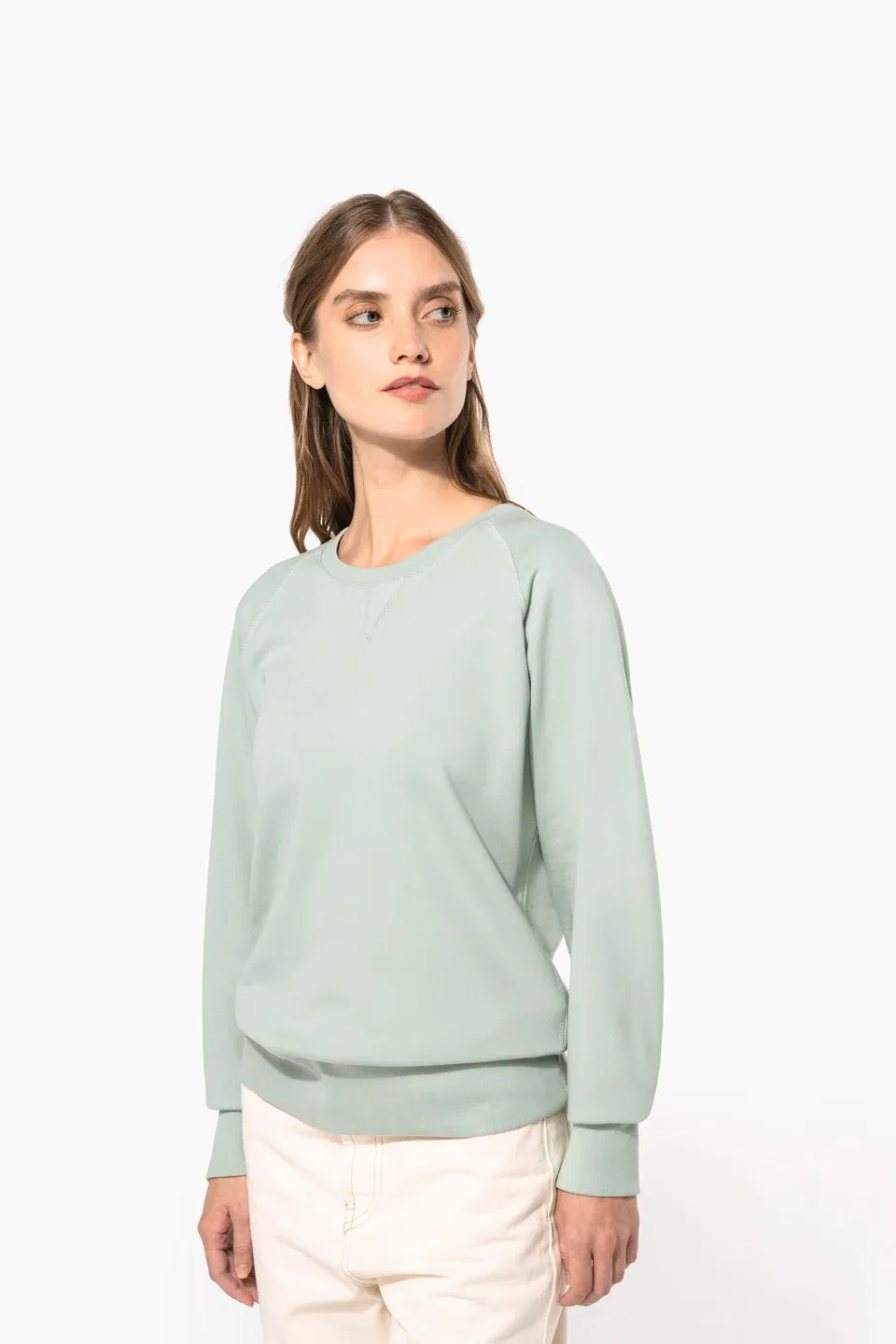 Sudadera algodón orgánico con cuello redondo y mangas raglan de mujer